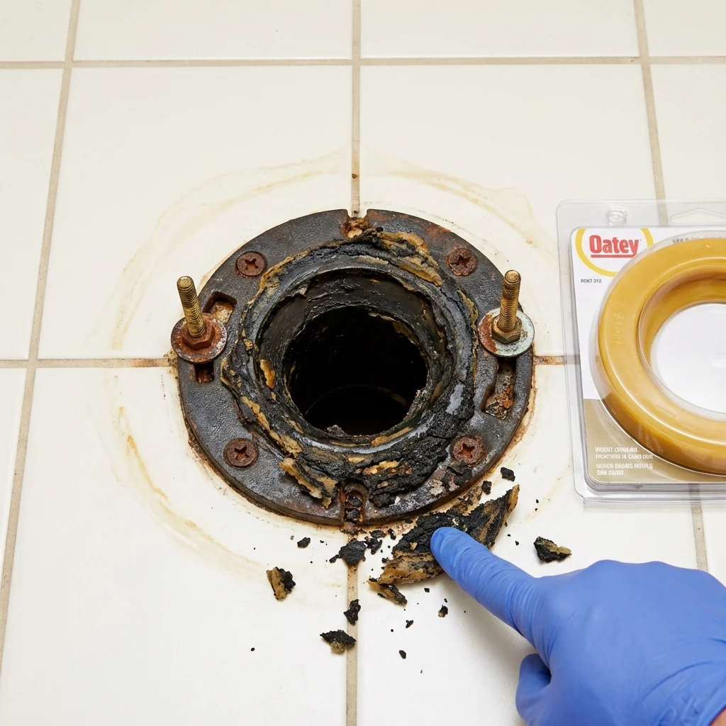 Failed wax ring showing water seepage at the base of a toilet in a Reidsville, NC home
