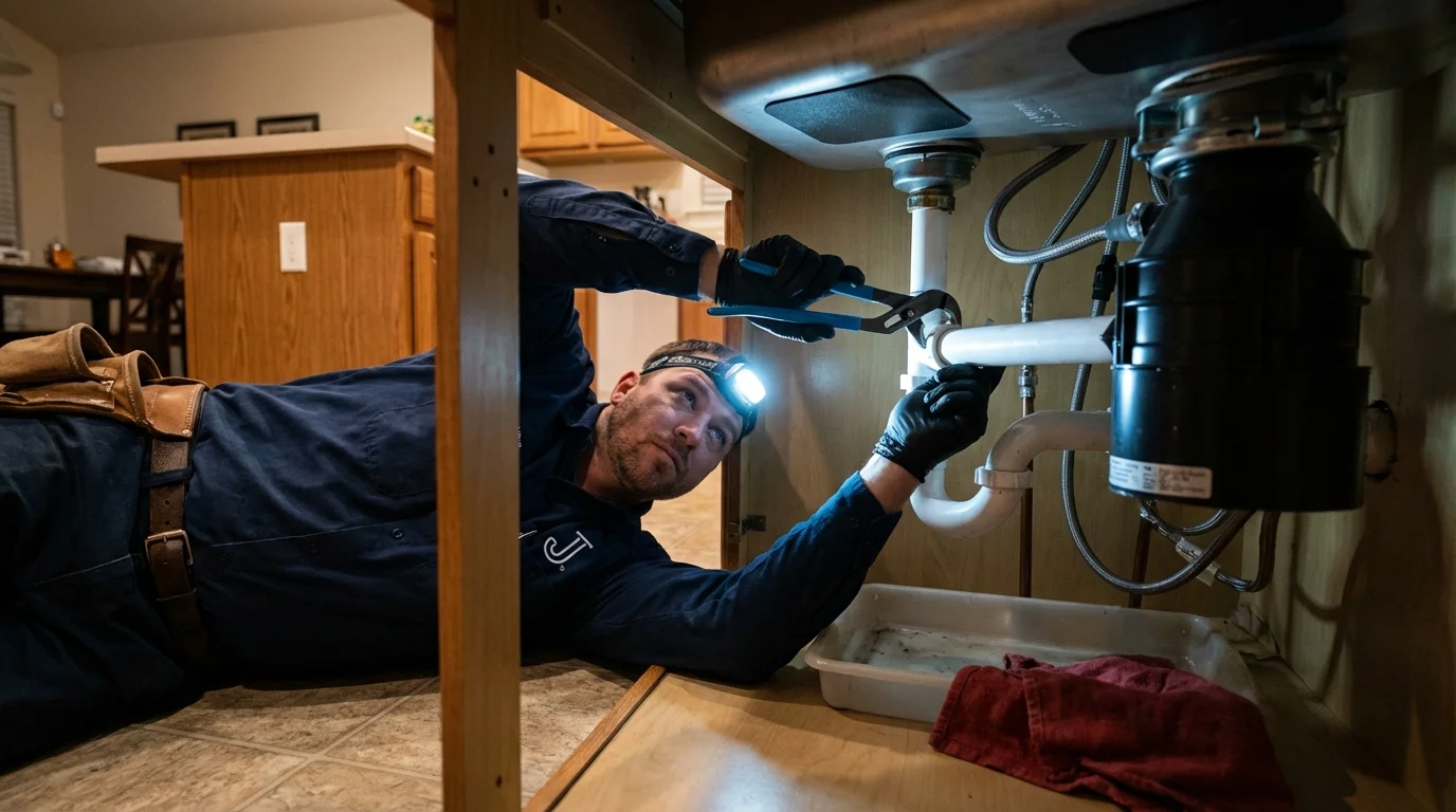 P-trap and supply line connections under a kitchen sink showing a common leak point in Reidsville, NC